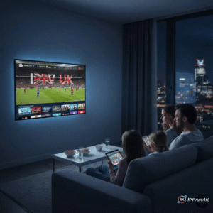 Family watching live football on a 4K Smart TV using a high-quality IPTV UK subscription with a modern interface and multiple device streaming in a London apartment