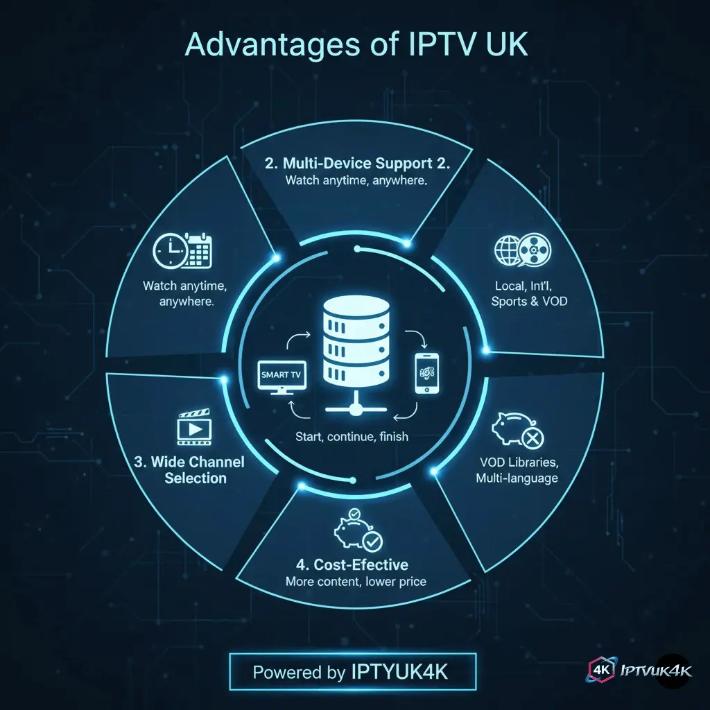 Advantages of IPTV UK highlighting flexible streaming, affordable pricing, and high-quality United Kingdom IPTV services