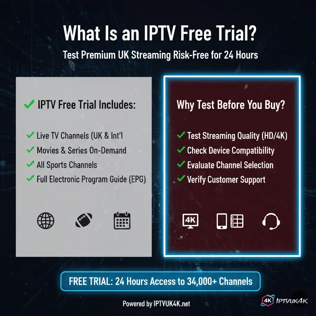United Kingdom IPTV free trial process showing how IPTV UK users can test channels, quality, and reliability