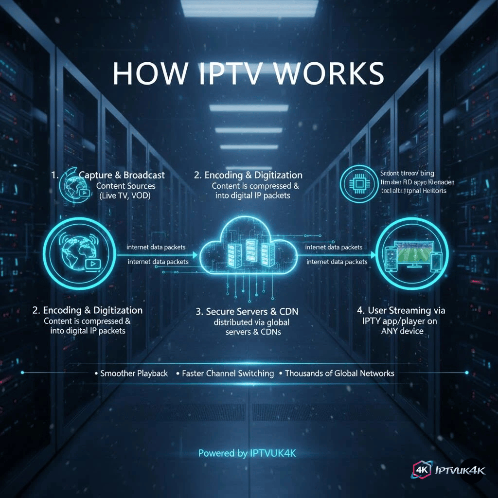 Technical infographic explaining how IPTV works: a 4-step process showing content capture, digital encoding into IP packets, distribution via secure servers and CDN, and final streaming to user devices including Smart TVs and smartphones.
