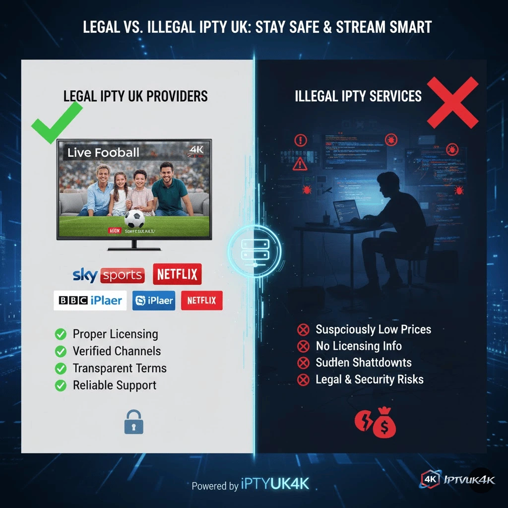 Legal vs illegal IPTV services comparison in IPTV UK, explaining licensed United Kingdom IPTV providers versus unauthorized streaming services