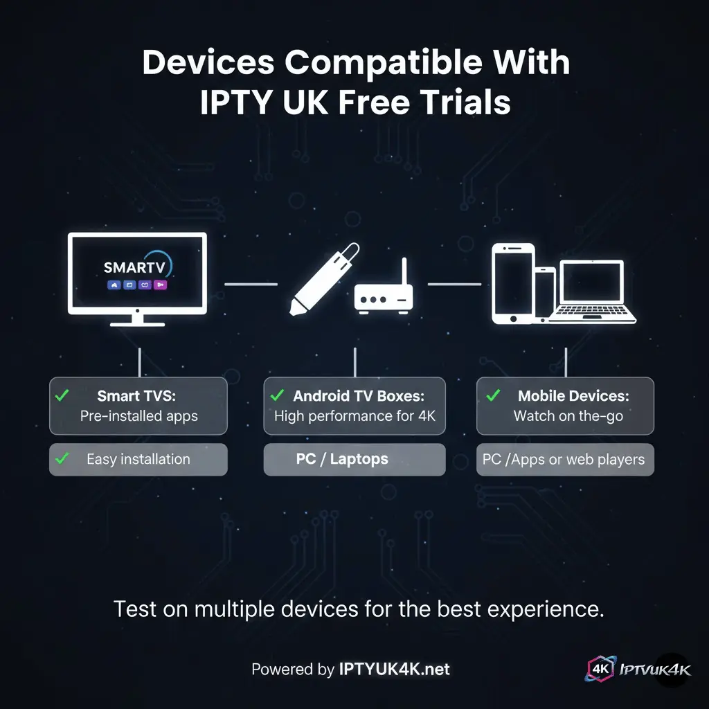 United Kingdom IPTV free trial compatibility showing IPTV UK supported devices such as smart TVs, smartphones, and streaming boxes